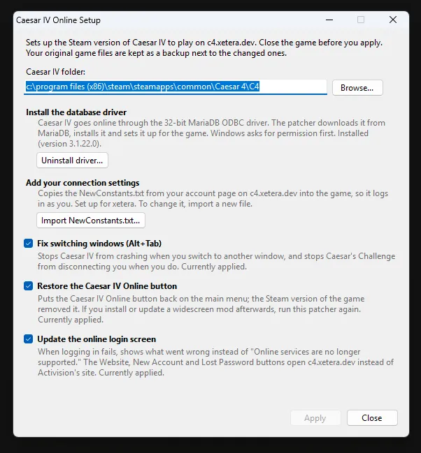 A screenshot showing the list of patches available in the published desktop application