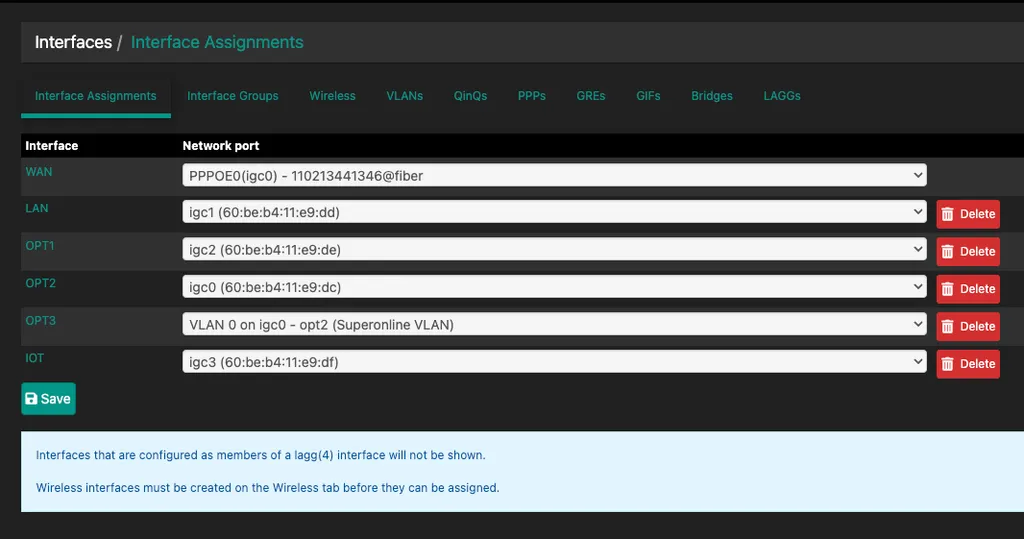 screenshot of pfsense showing interface assignments