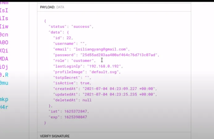 a screenshot of JWT claims showing multiple fields that could be considered sensitive