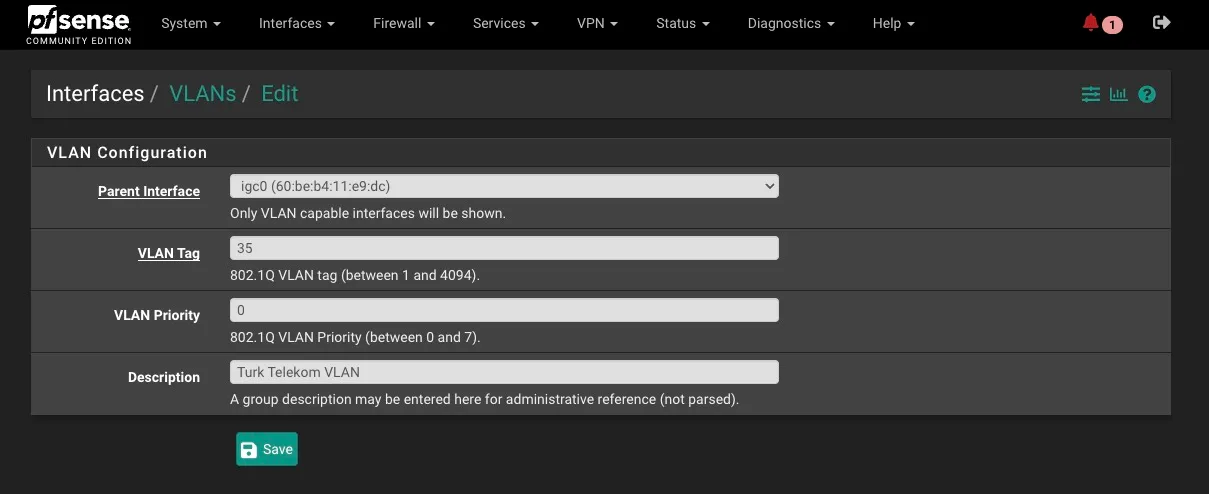 VLAN configuration in pfSense